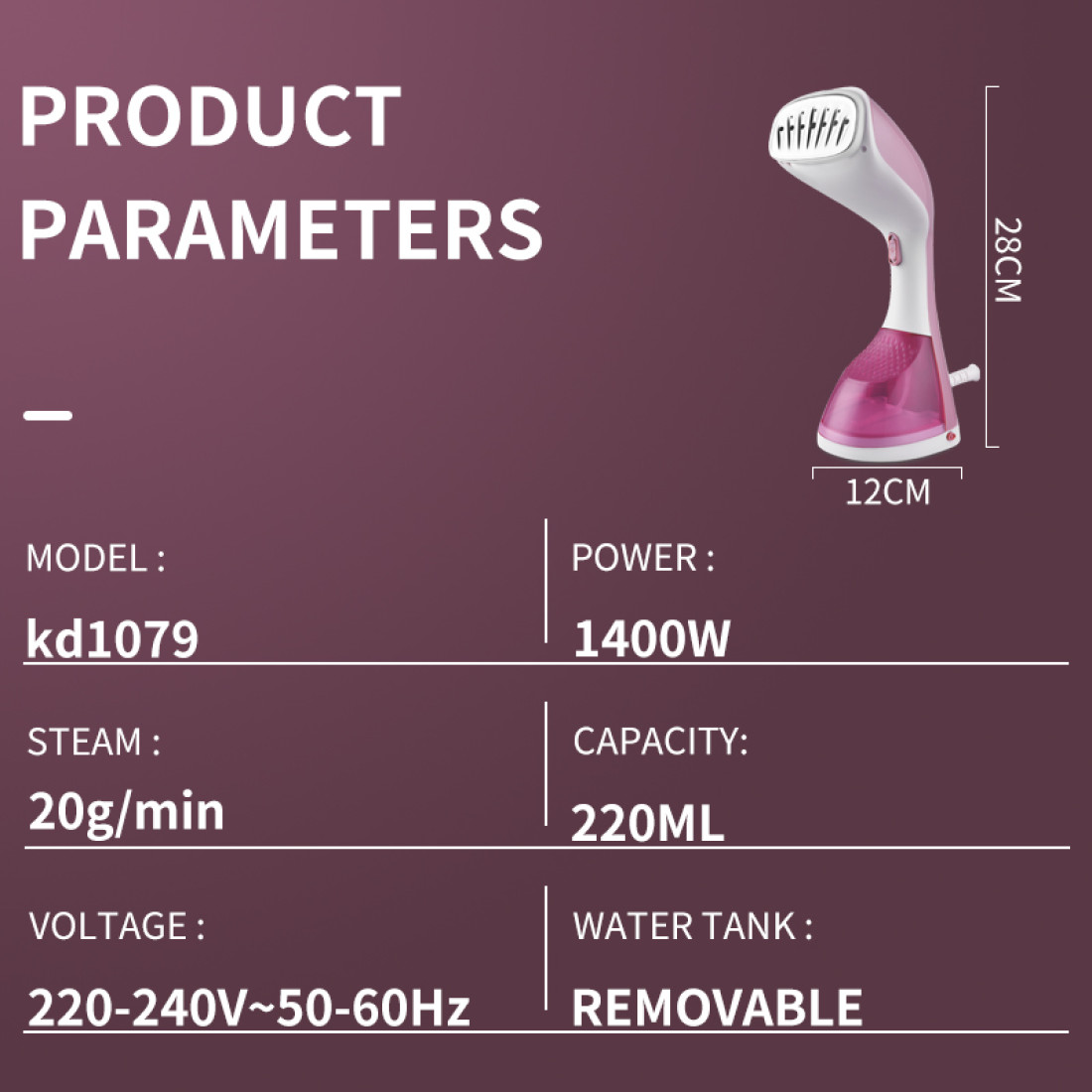 Aparat de calcat vertical cu abur DSP KD1079, 1400 W, rezervor detasabil 220 ml, abur 10-20 g/min, fier calcat cu incalzire in 30 secunde, 2 nivele de abur, accesoriu scame, protectie supraincalzire, design compact si usor pentru calcare rapida, Alb/Roz
