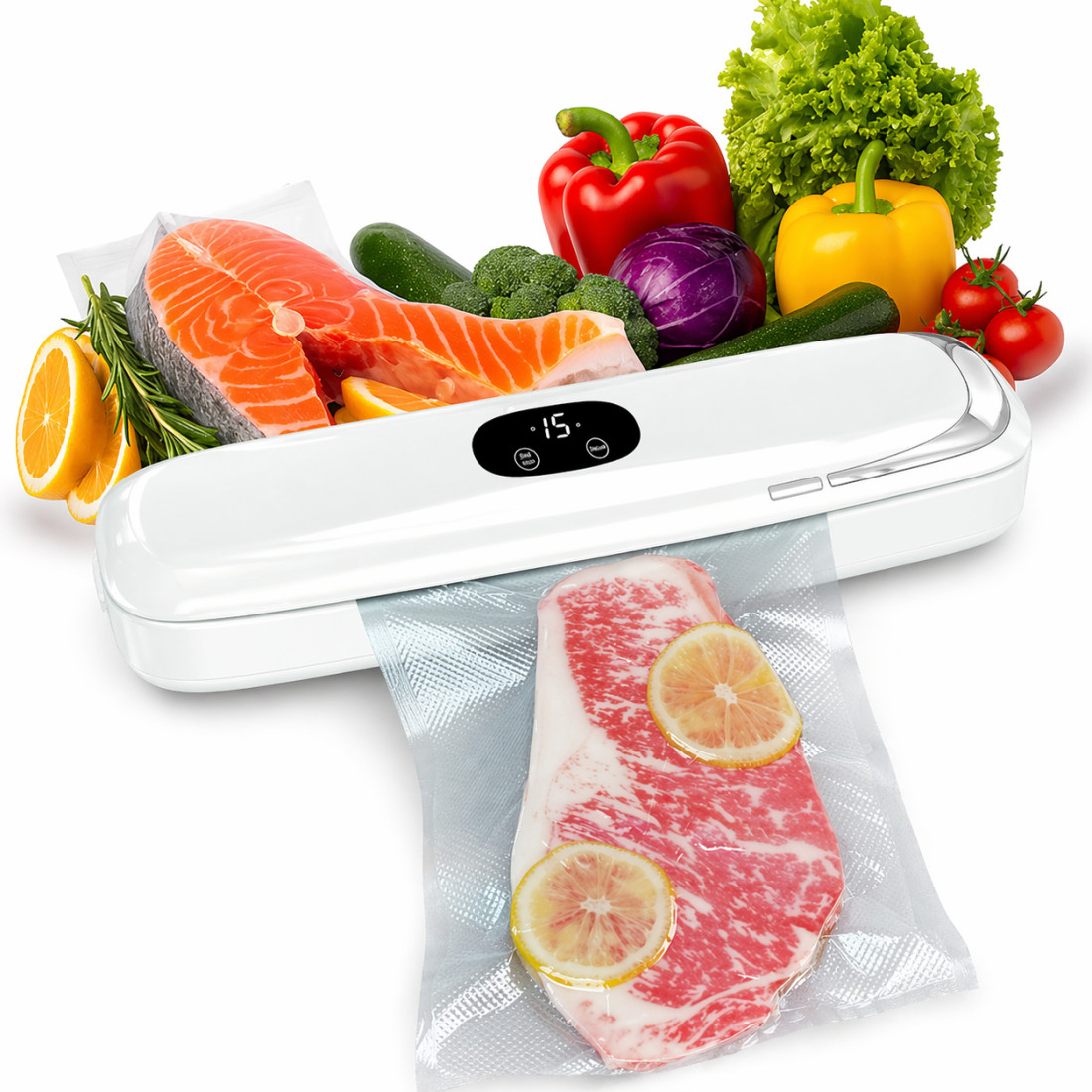 Aparat de vidat si sigilat alimente profesional, 90W, 60kpa, multiple functii de sigilare si vidare automata, zgomot redus, protectie supraincalzire, panou de comanda tactil, 28 cm bara de lipire, compact, 10 pungi incluse