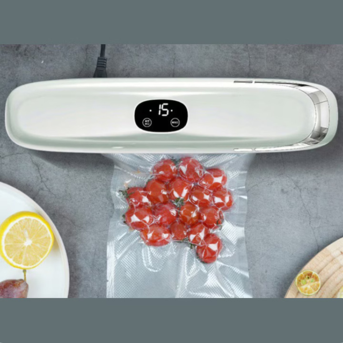 Aparat de vidat si sigilat alimente profesional, 90W, 60kpa, multiple functii de sigilare si vidare automata, zgomot redus, protectie supraincalzire, panou de comanda tactil, 28 cm bara de lipire, compact, 10 pungi incluse