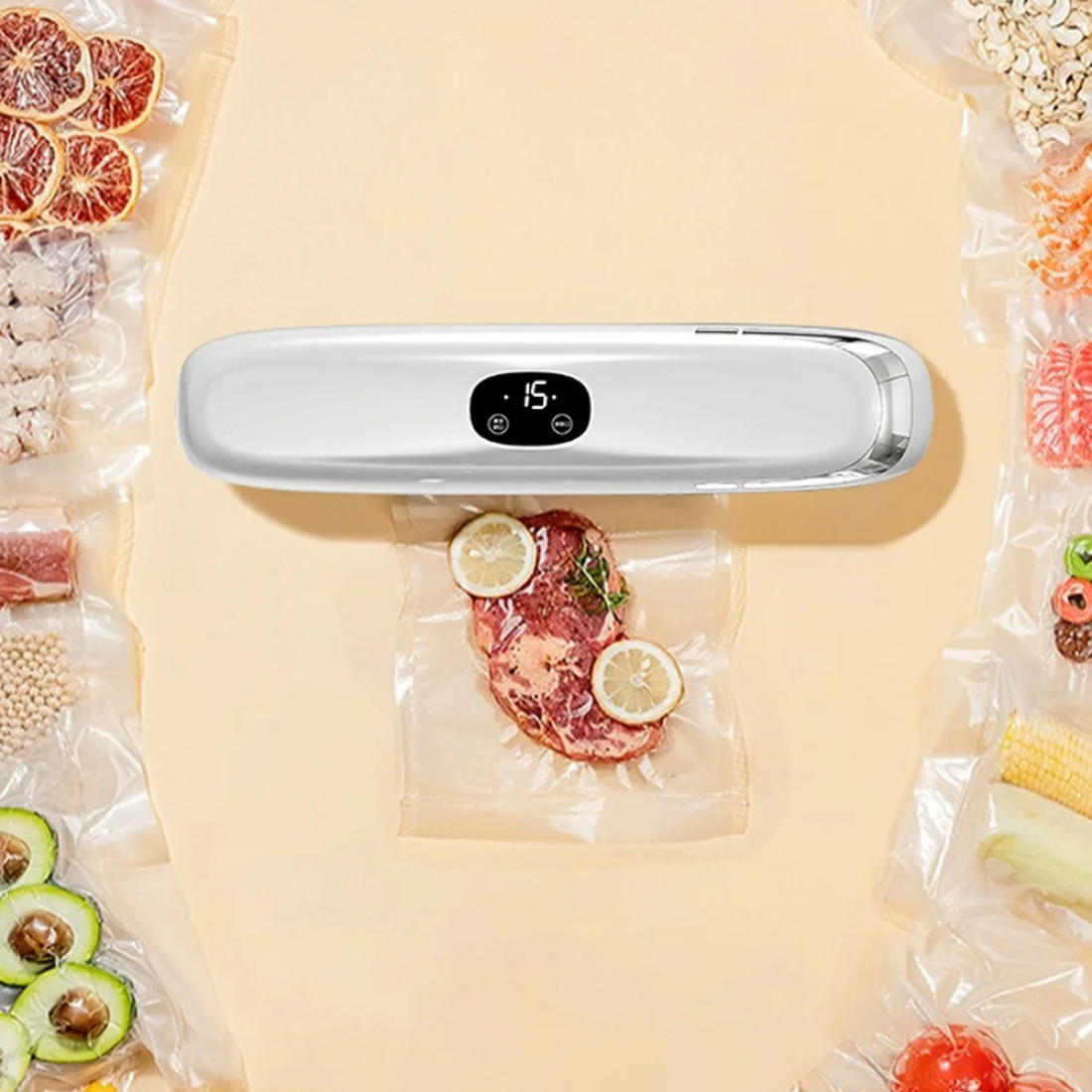 Aparat de vidat si sigilat alimente profesional, 90W, 60kpa, multiple functii de sigilare si vidare automata, zgomot redus, protectie supraincalzire, panou de comanda tactil, 28 cm bara de lipire, compact, 10 pungi incluse