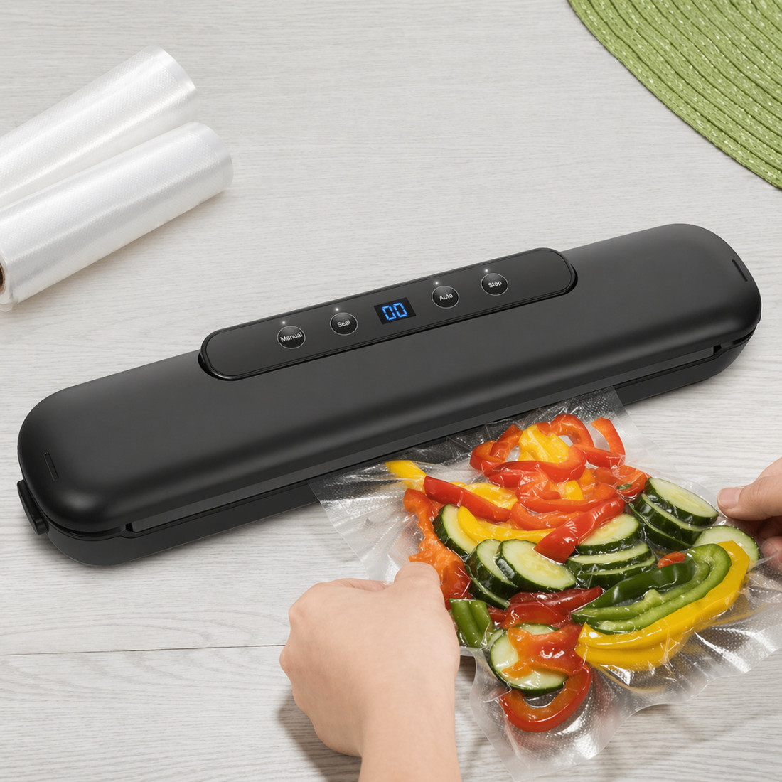 Aparat de vidat si sigilat alimente profesional, 110W, 60kpa, multiple functii de sigilare si vidare automata, zgomot redus, protectie supraincalzire, display LED, 30 cm bara de lipire, compact, 35 x 8.5 x 5 cm, 10 pungi incluse (20x25cm)