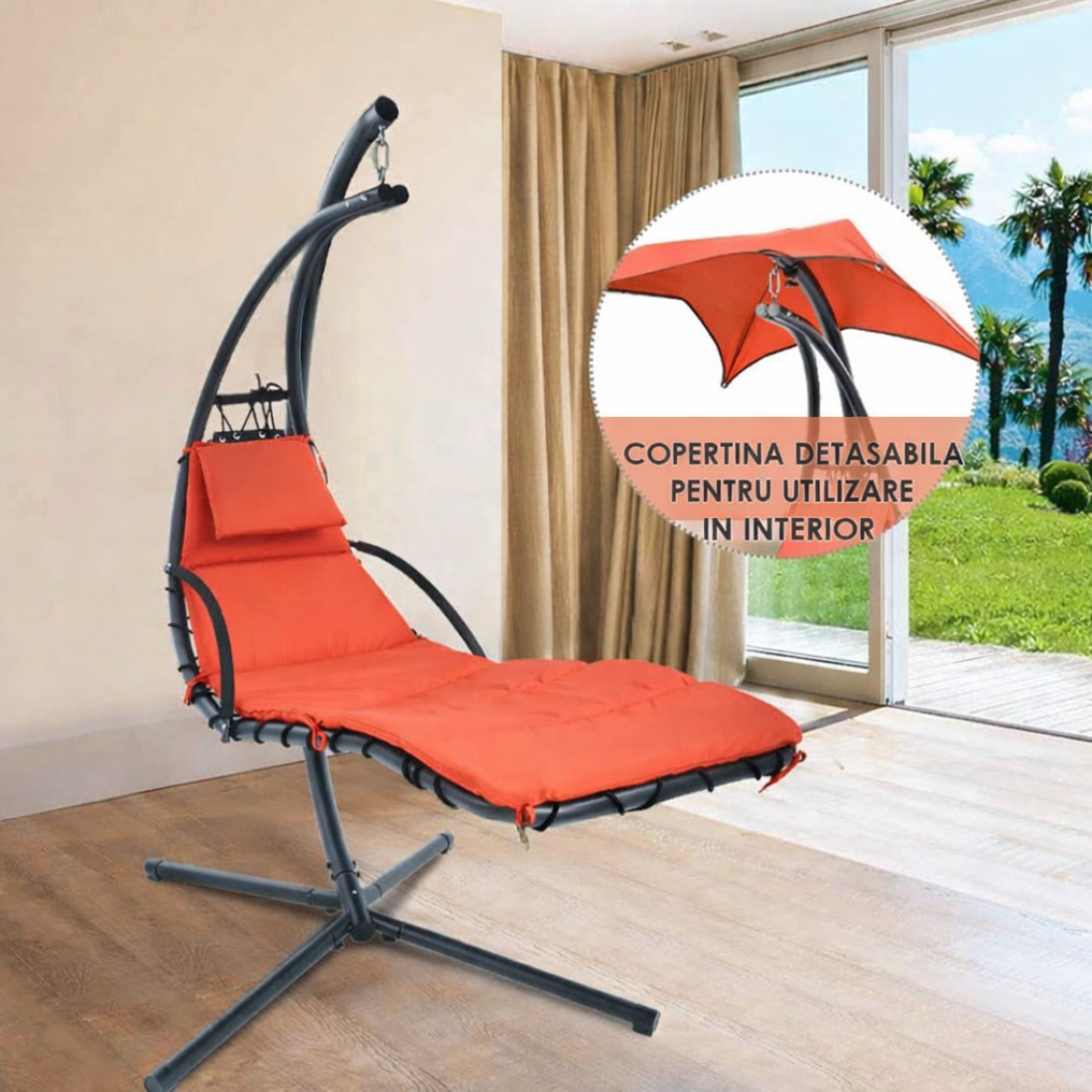 Balansoar tip fotoliu cu suport metalic cu umbrela