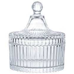 Vas decorativ din sticla cu capac pentru bomboane sau lumanari, 13 x 10.5 cm