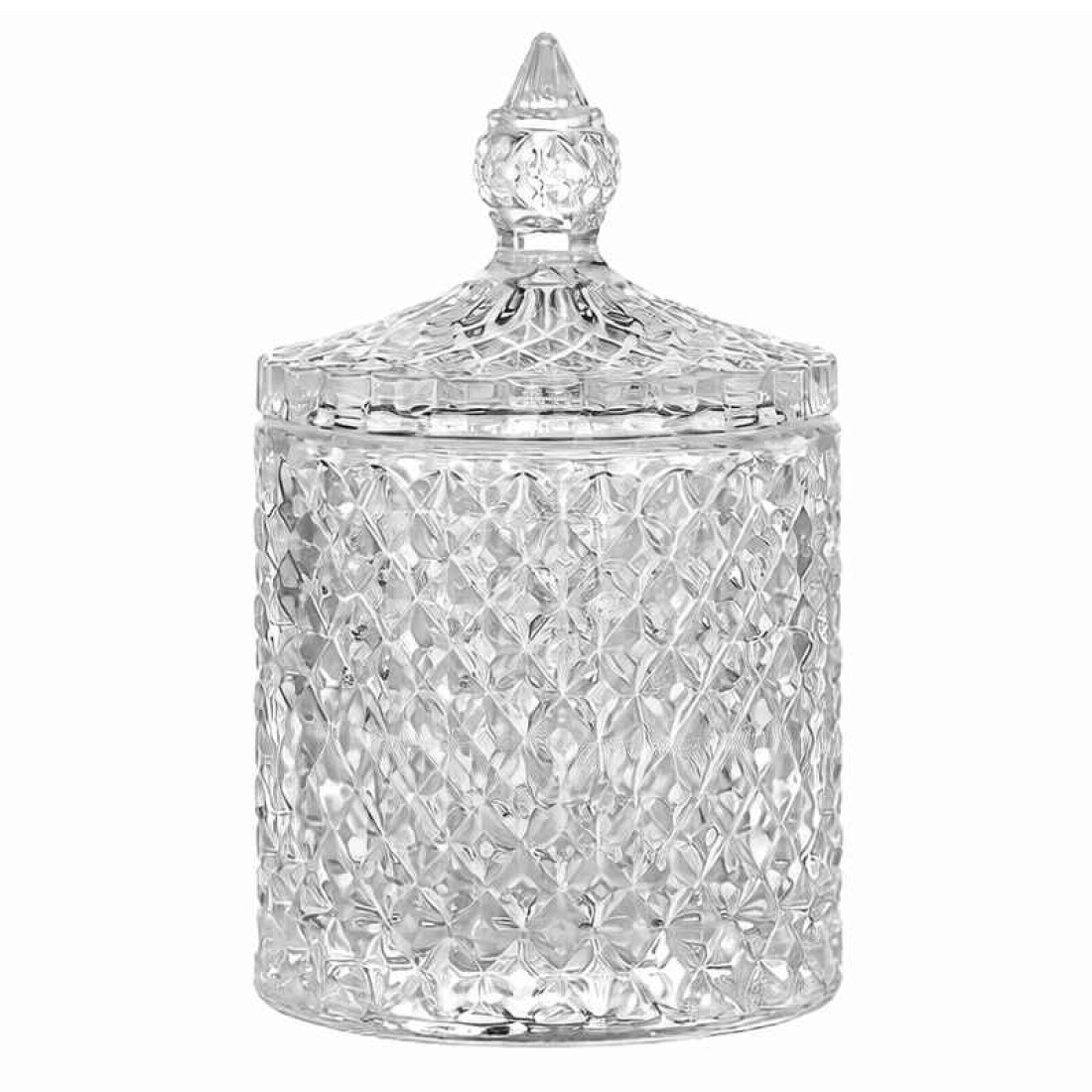 Vas decorativ din sticlă cu capac, design diamant, pentru bomboane sau lumanari, 13.5 x 8.5 cm