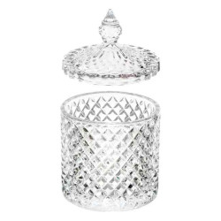 Vas decorativ din sticlă cu capac, design diamant, pentru bomboane sau lumanari, 13.5 x 8.5 cm