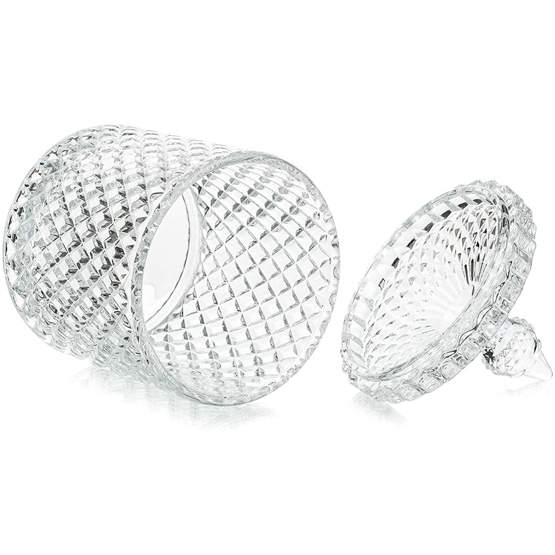 Vas decorativ din sticlă cu capac, design diamant, pentru bomboane sau lumanari, 13.5 x 8.5 cm