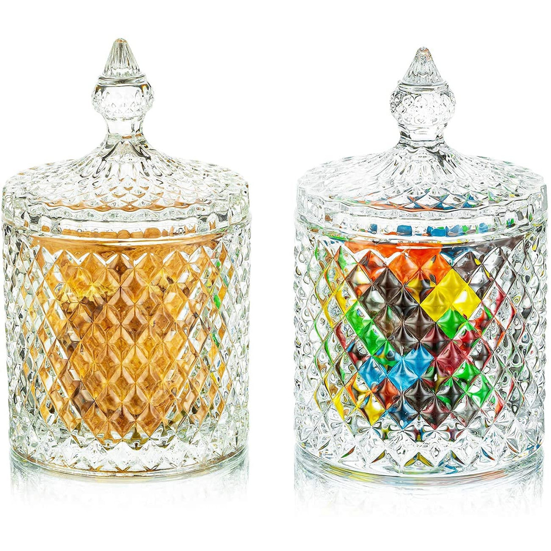 Vas decorativ din sticlă cu capac, design diamant, pentru bomboane sau lumanari, 13.5 x 8.5 cm