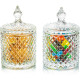 Vas decorativ din sticlă cu capac, design diamant, pentru bomboane sau lumanari, 13.5 x 8.5 cm