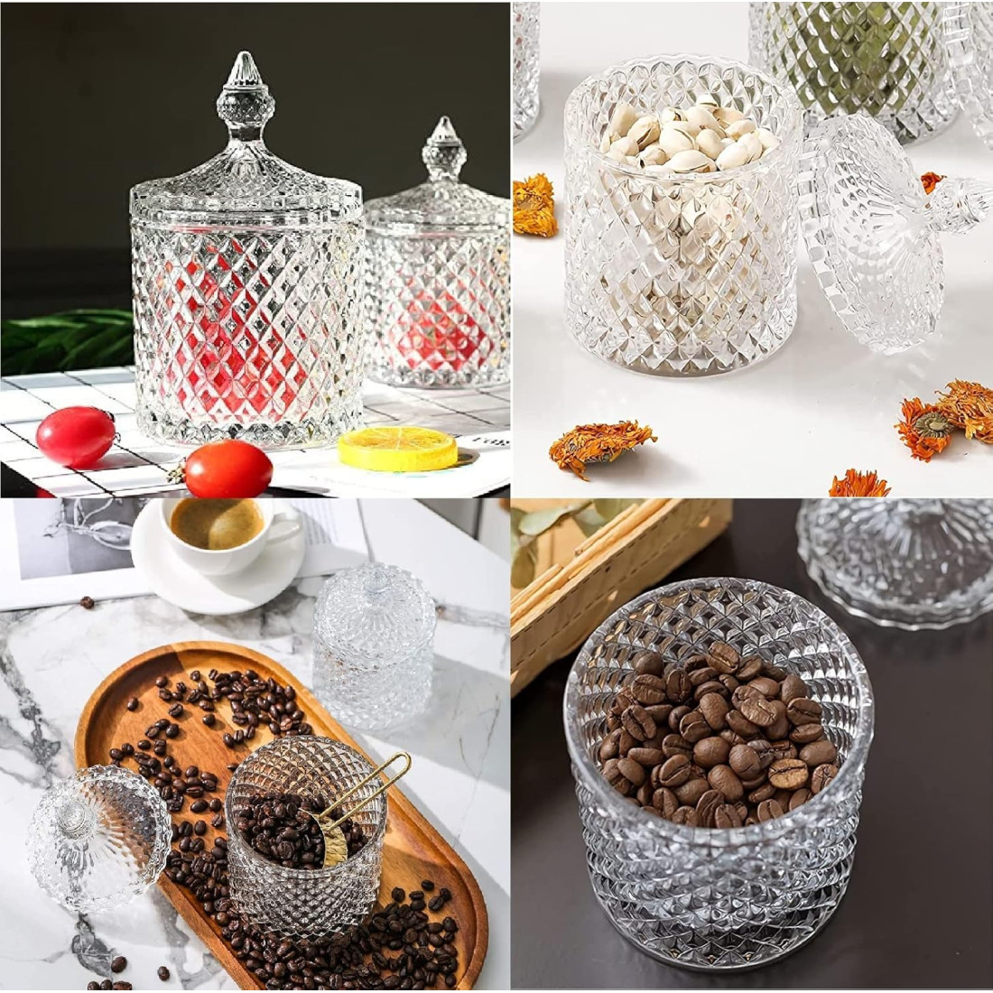 Vas decorativ din sticlă cu capac, design diamant, pentru bomboane sau lumanari, 13.5 x 8.5 cm