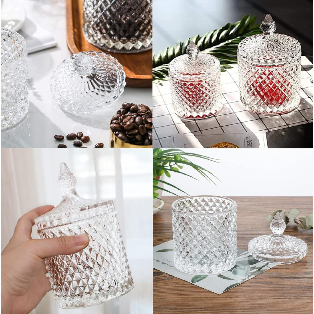 Vas decorativ din sticlă cu capac, design diamant, pentru bomboane sau lumanari, 13.5 x 8.5 cm