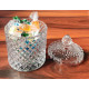 Vas decorativ din sticlă cu capac, design diamant, pentru bomboane sau lumanari, 13.5 x 8.5 cm
