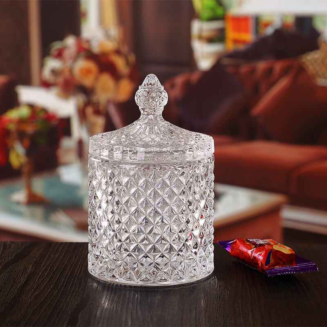 Vas decorativ din sticlă cu capac, design diamant, pentru bomboane sau lumanari, 13.5 x 8.5 cm