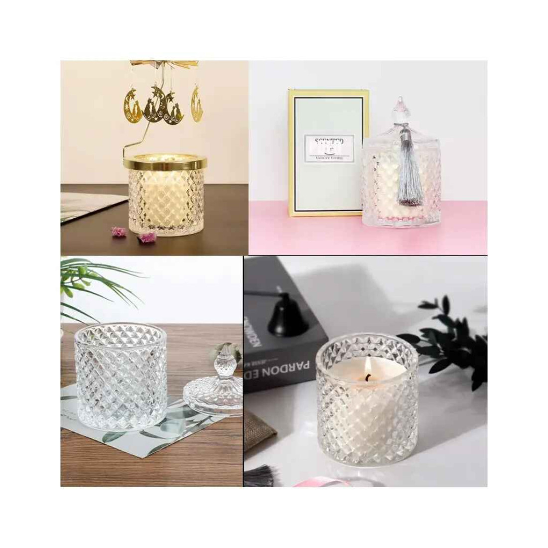 Vas decorativ din sticlă cu capac, design diamant, pentru bomboane sau lumanari, 13.5 x 8.5 cm
