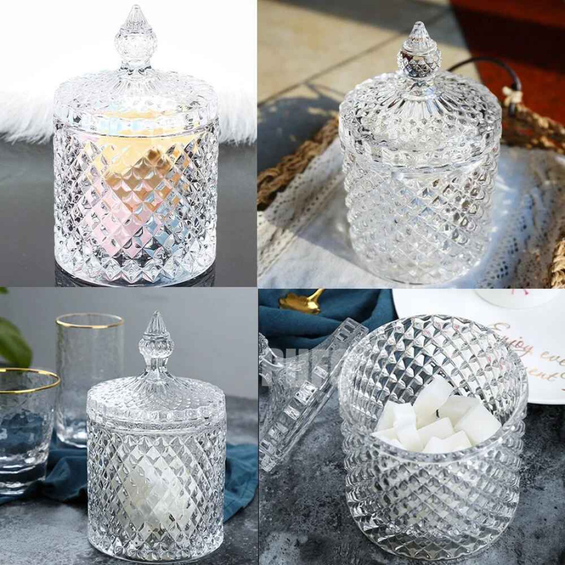 Vas decorativ din sticlă cu capac, design diamant, pentru bomboane sau lumanari, 13.5 x 8.5 cm