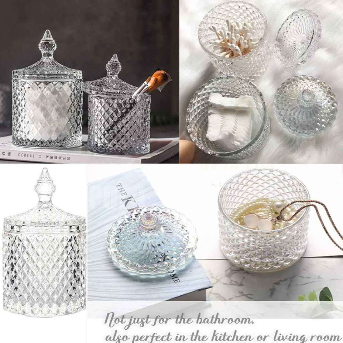 Vas decorativ din sticlă cu capac, design diamant, pentru bomboane sau lumanari, 13.5 x 8.5 cm
