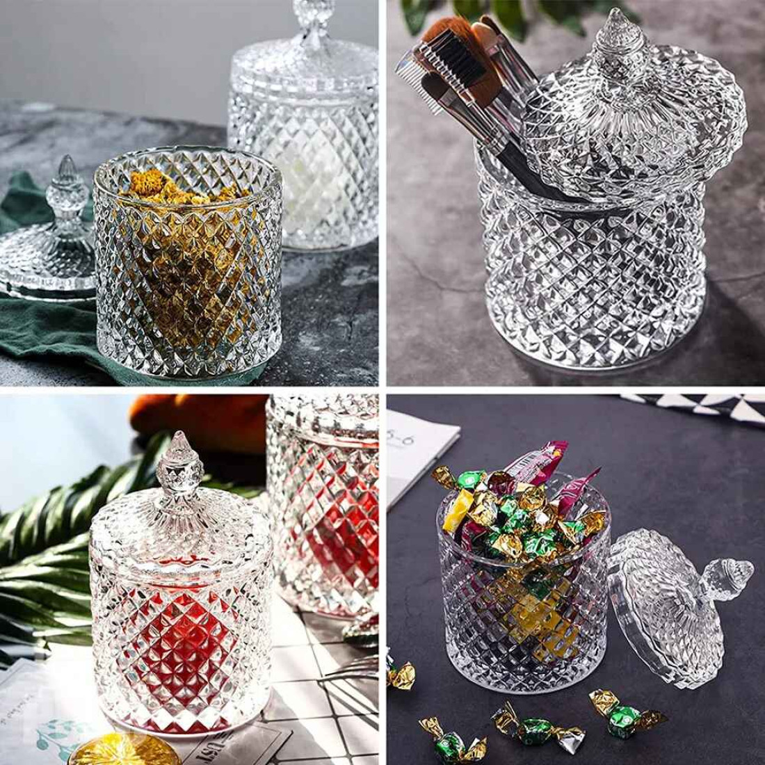 Vas decorativ din sticlă cu capac, design diamant, pentru bomboane sau lumanari, 13.5 x 8.5 cm