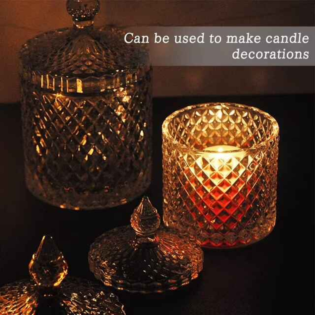 Vas decorativ din sticlă cu capac, design diamant, pentru bomboane sau lumanari, 13.5 x 8.5 cm