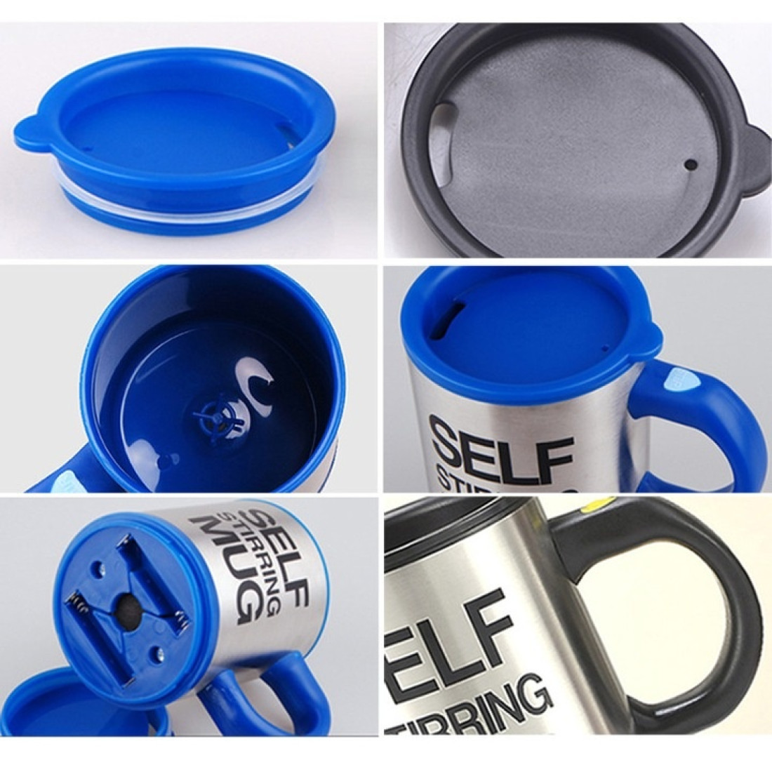 Cana cu amestecare automata cu capac, 350 ml, Self Stirring Mug, diametru 9 cm, albastra