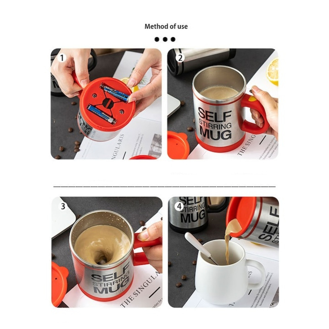 Cana cu amestecare automata cu capac, 350 ml, Self Stirring Mug, diametru 9 cm, rosie