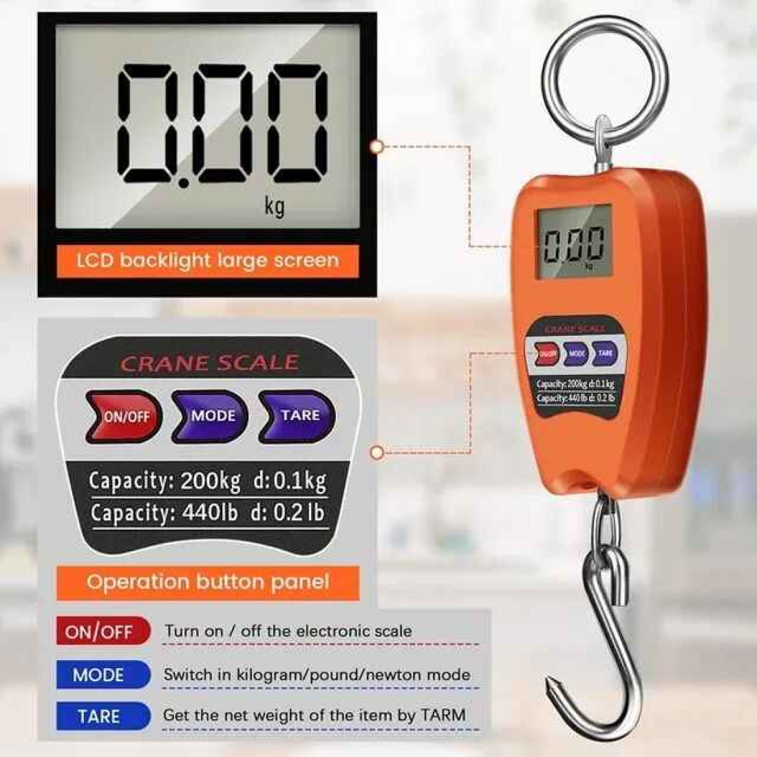 Cantar electronic de mana cu carlig, portabil, Ecran LCD, capacitate maxima de 200 kg