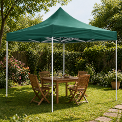 Cort tip pavilion / foisor 3 x 3 m, inaltime reglabila, structura metalica solida, impermeabil, pentru gradina, evenimente, terasa, curte, exterior, protectie UV, ploaie, invelis material textil, fixare rapida, usoara, verde