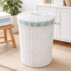 Cos de depozitare rotund cu capac, impletit, traditional, alb, 43 x 56 cm Cos de depozitare rotund cu capac, impletit, traditional, alb, 43 x 56 cm