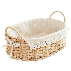 Cos oval din ratan cu model floricele, mare, 30x20x14 cm, crem