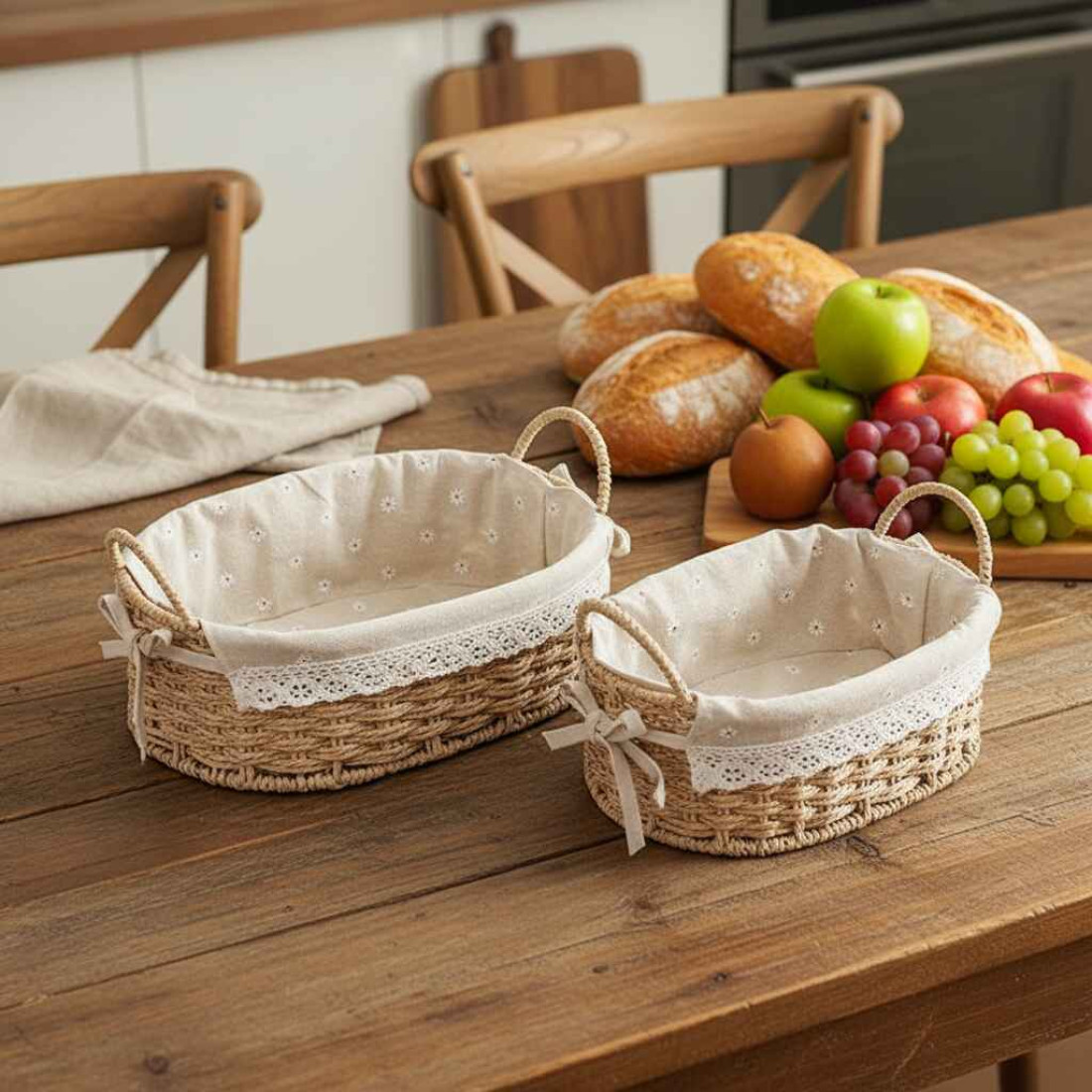 Cos oval din ratan cu model floricele, mic, 26x18x14 cm, crem