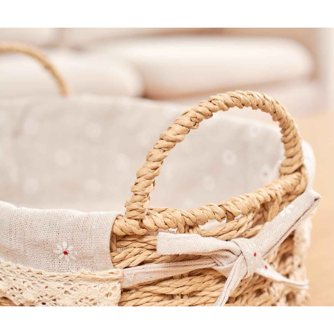 Cos oval din ratan cu model floricele, mic, 26x18x14 cm, crem