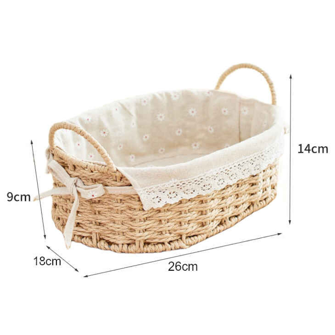 Cos oval din ratan cu model floricele, mic, 26x18x14 cm, crem