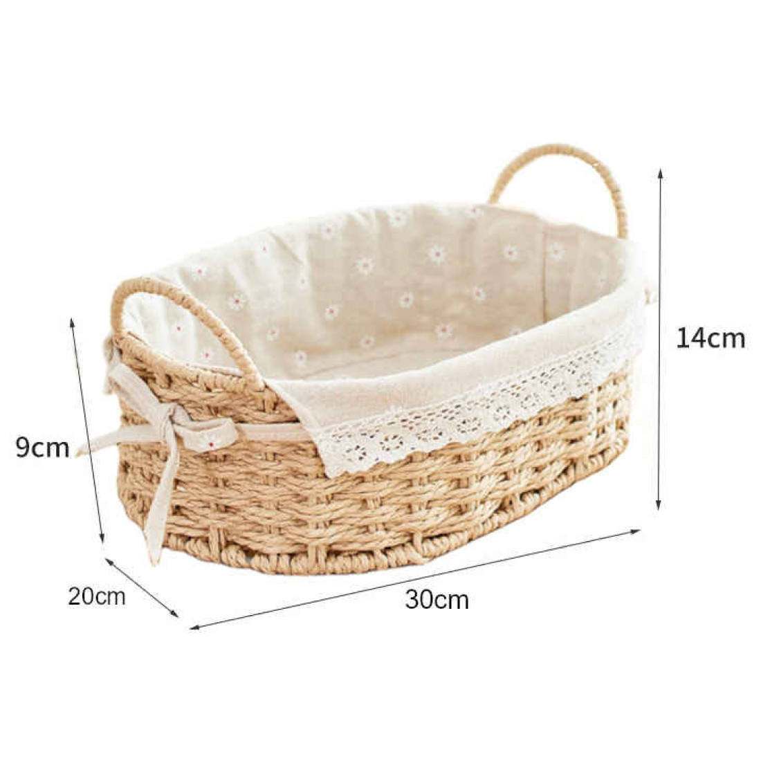 Cos oval din ratan cu model floricele, mare, 30x20x14 cm, crem