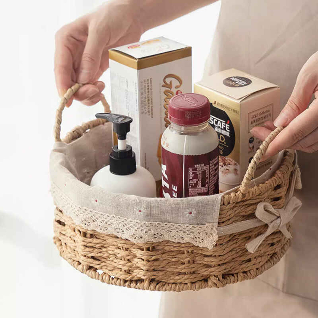 Cos rotun din ratan, mic, 21x21x14 cm, crem