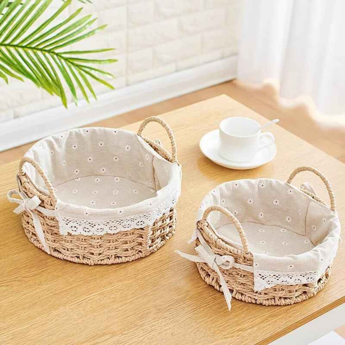 Cos rotun din ratan, mic, 21x21x14 cm, crem