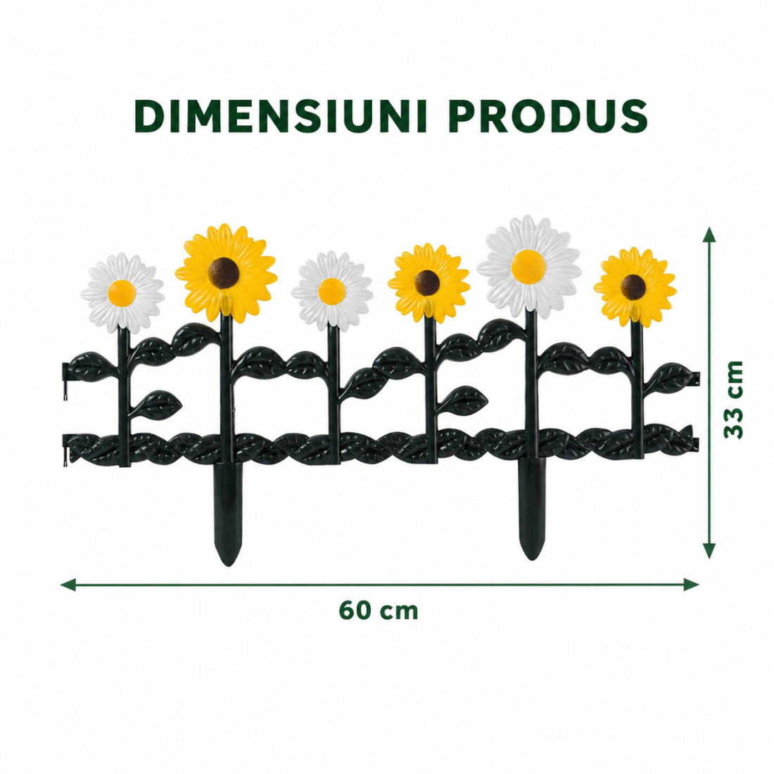 Gard ornamental de gradina cu floarea-soarelui, 60 x 30 cm, rezistent la conditii meteorologice, usor de montat, element decorativ pentru gradina
