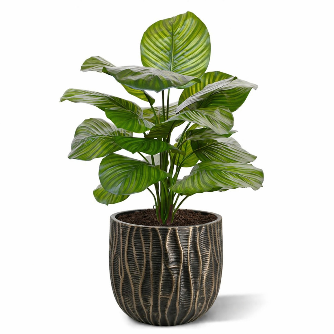 Ghiveci decorativ, 33 cm diametru, 36 cm inaltime, design texturat inspirat din forme naturale cu accente aurii subtile