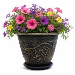 Ghiveci decorativ, 37 cm diametru, 28 cm inaltime, design traditional rustic, model frunze si struguri, finisaj antichizat