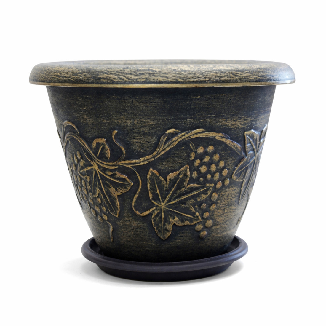 Ghiveci decorativ, 25 cm diametru, 19 cm inaltime, design traditional rustic, model frunze si struguri, finisaj antichizat