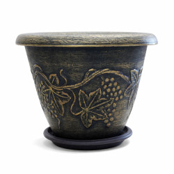 Ghiveci decorativ, 37 cm diametru, 28 cm inaltime, design traditional rustic, model frunze si struguri, finisaj antichizat