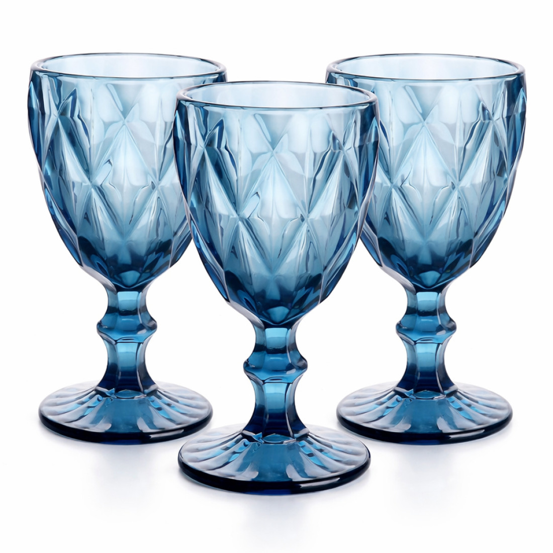 Set 3 pahare sticla cu picior, 315 ml, albastre, 8 x 16 cm