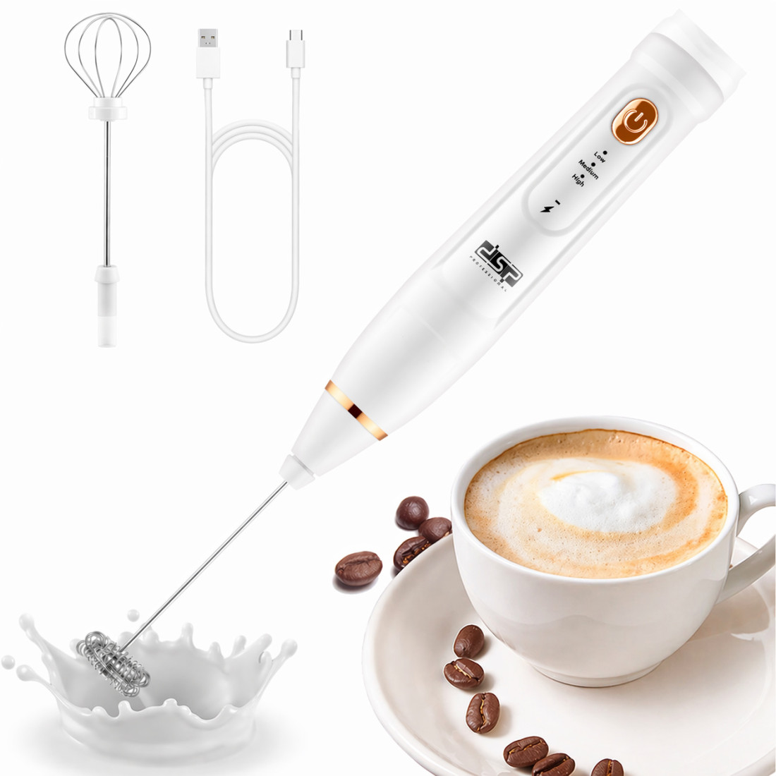 Mixer spuma electric 2 in 1, cu 2 capete, 3 trepte de viteza, ideal pentru lapte, cafea, maioneza, oua, caffe latte, ciocolata calda, cappuccino, acumulator reincarcabil USB