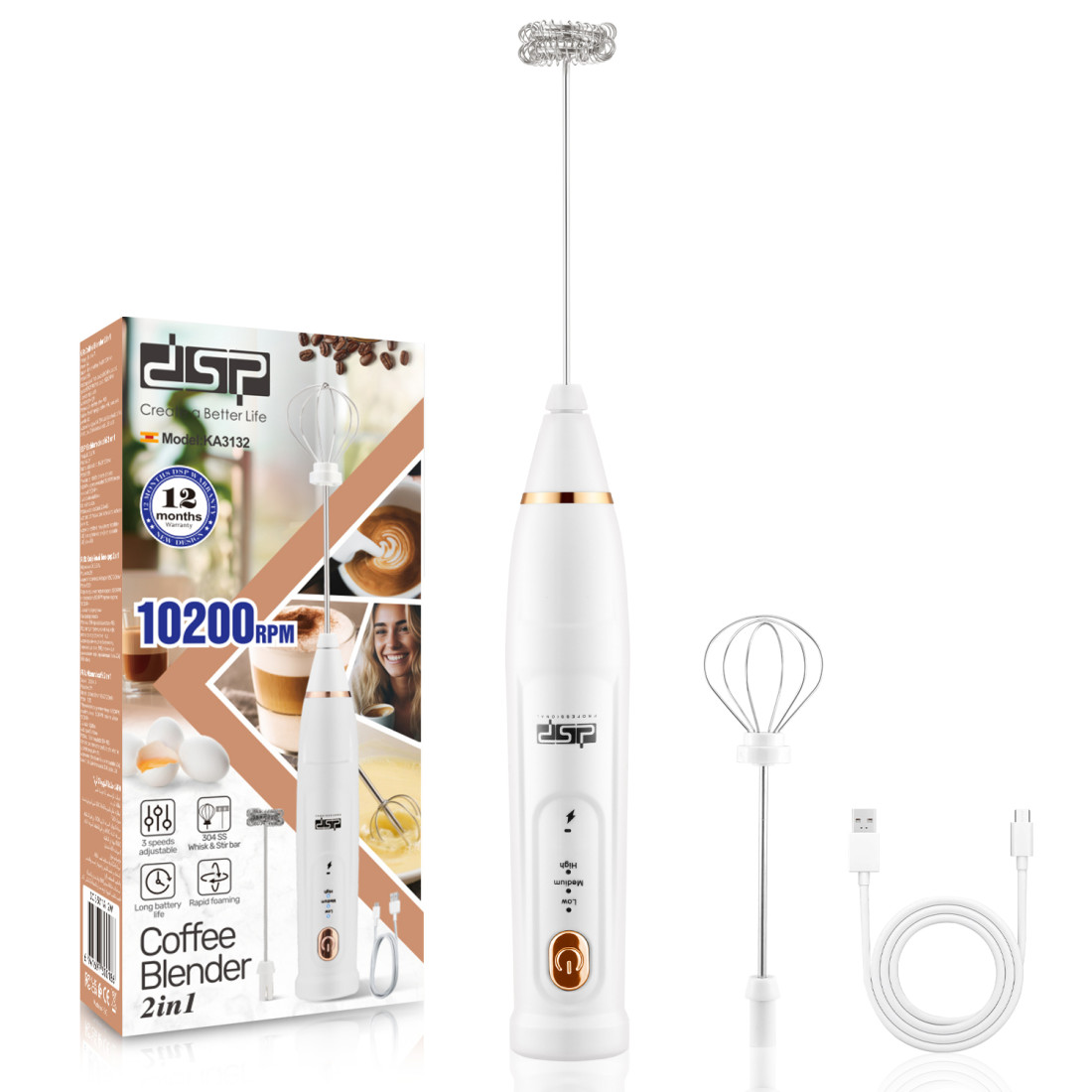 Mixer spuma electric 2 in 1, cu 2 capete, 3 trepte de viteza, ideal pentru lapte, cafea, maioneza, oua, caffe latte, ciocolata calda, cappuccino, acumulator reincarcabil USB