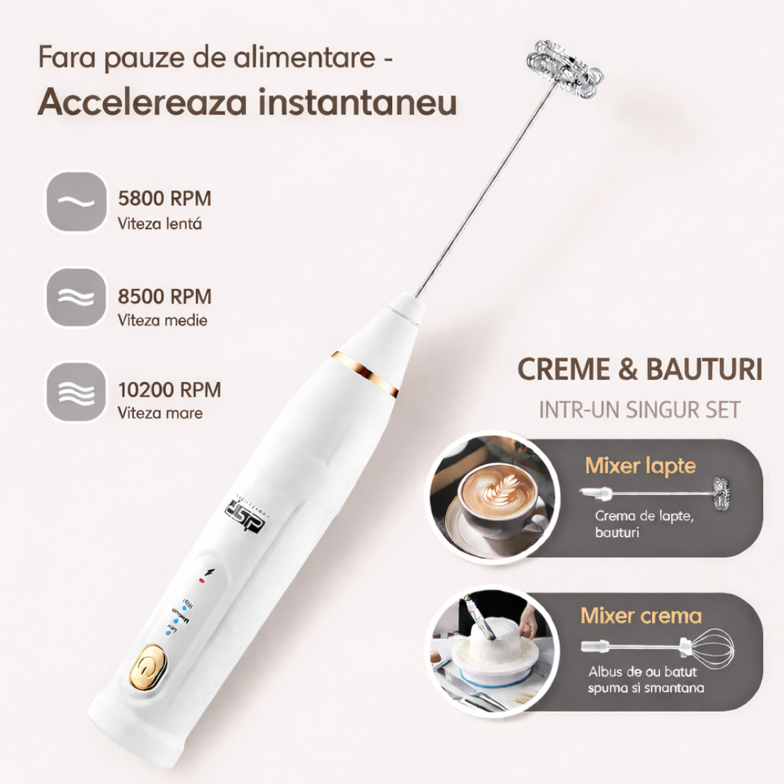 Mixer spuma electric 2 in 1, cu 2 capete, 3 trepte de viteza, ideal pentru lapte, cafea, maioneza, oua, caffe latte, ciocolata calda, cappuccino, acumulator reincarcabil USB