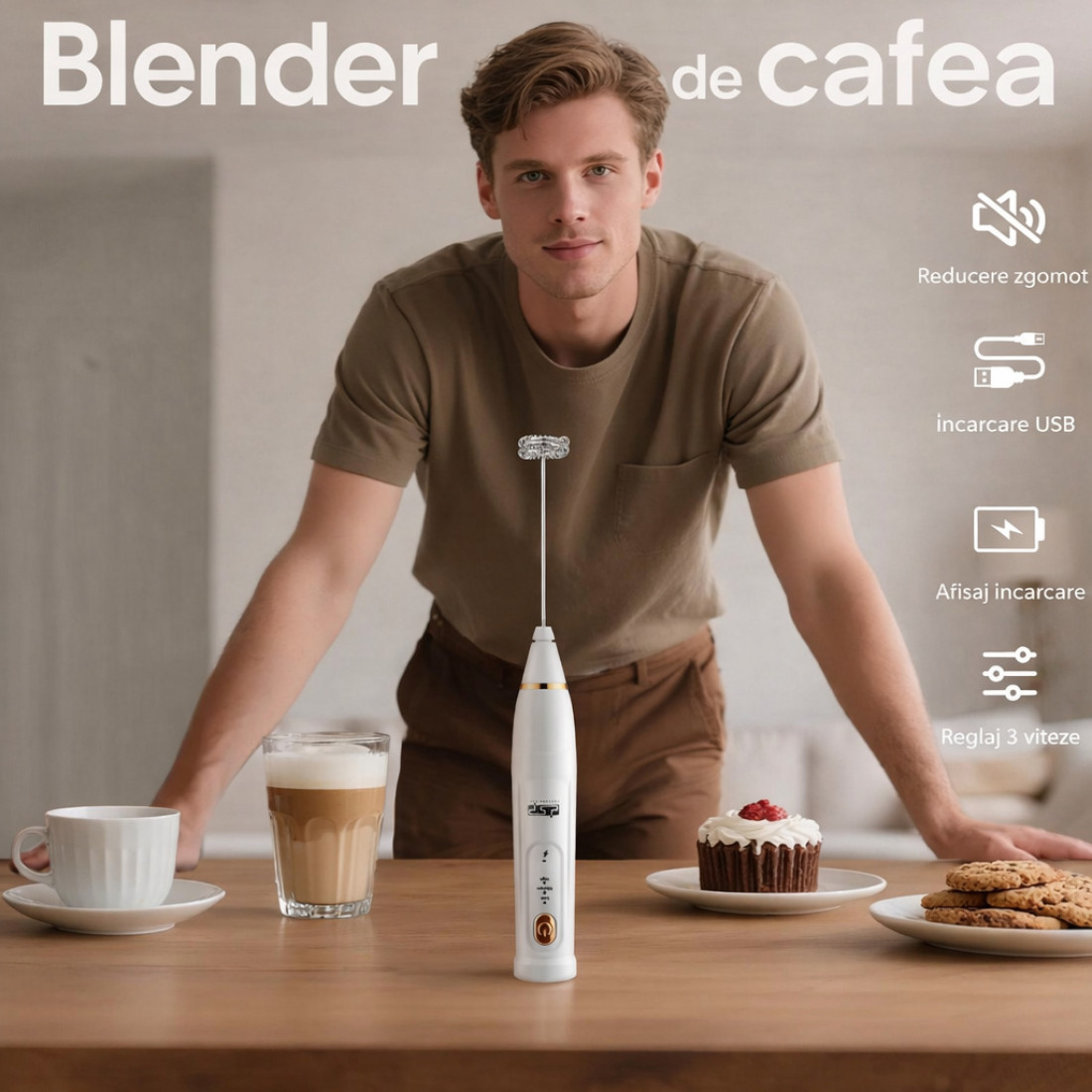 Mixer spuma electric 2 in 1, cu 2 capete, 3 trepte de viteza, ideal pentru lapte, cafea, maioneza, oua, caffe latte, ciocolata calda, cappuccino, acumulator reincarcabil USB