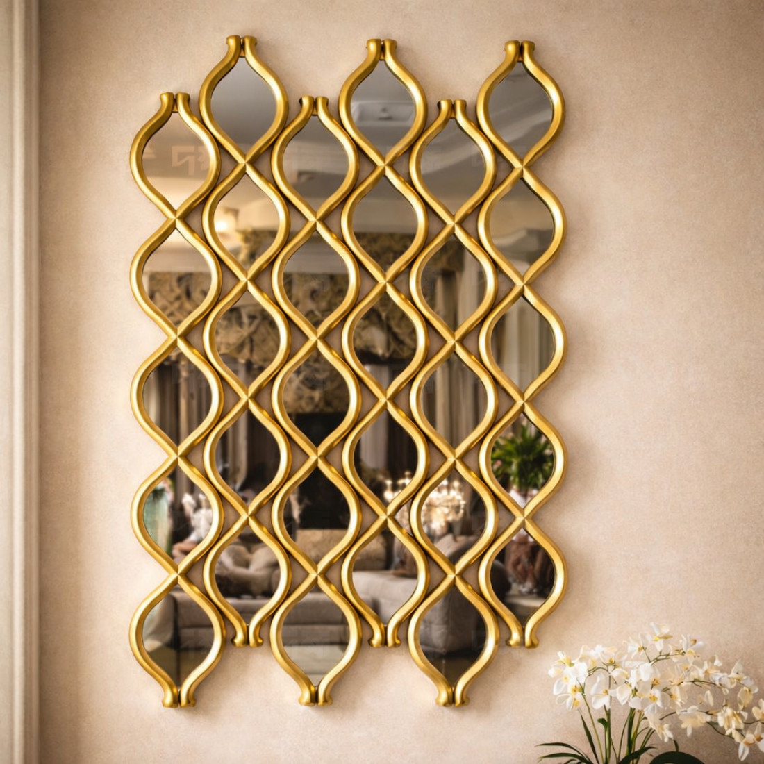 Oglinda decorativa perete, design modern geometric, rama aurie, 110 x 40 cm