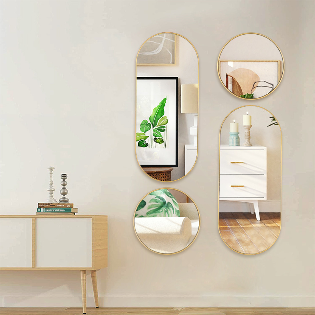 Set 4 oglinzi decorative de perete, 2 ovale (68x28cm) si 2 rotunde (28 x28 cm), rama aurie
