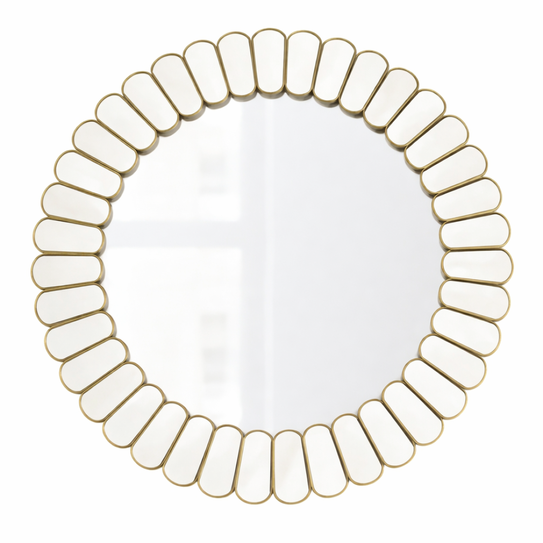 Oglinda decorativa rotunda, 60 x 60 cm, cu rama aurie, design modern, elemente alungite dispuse radial