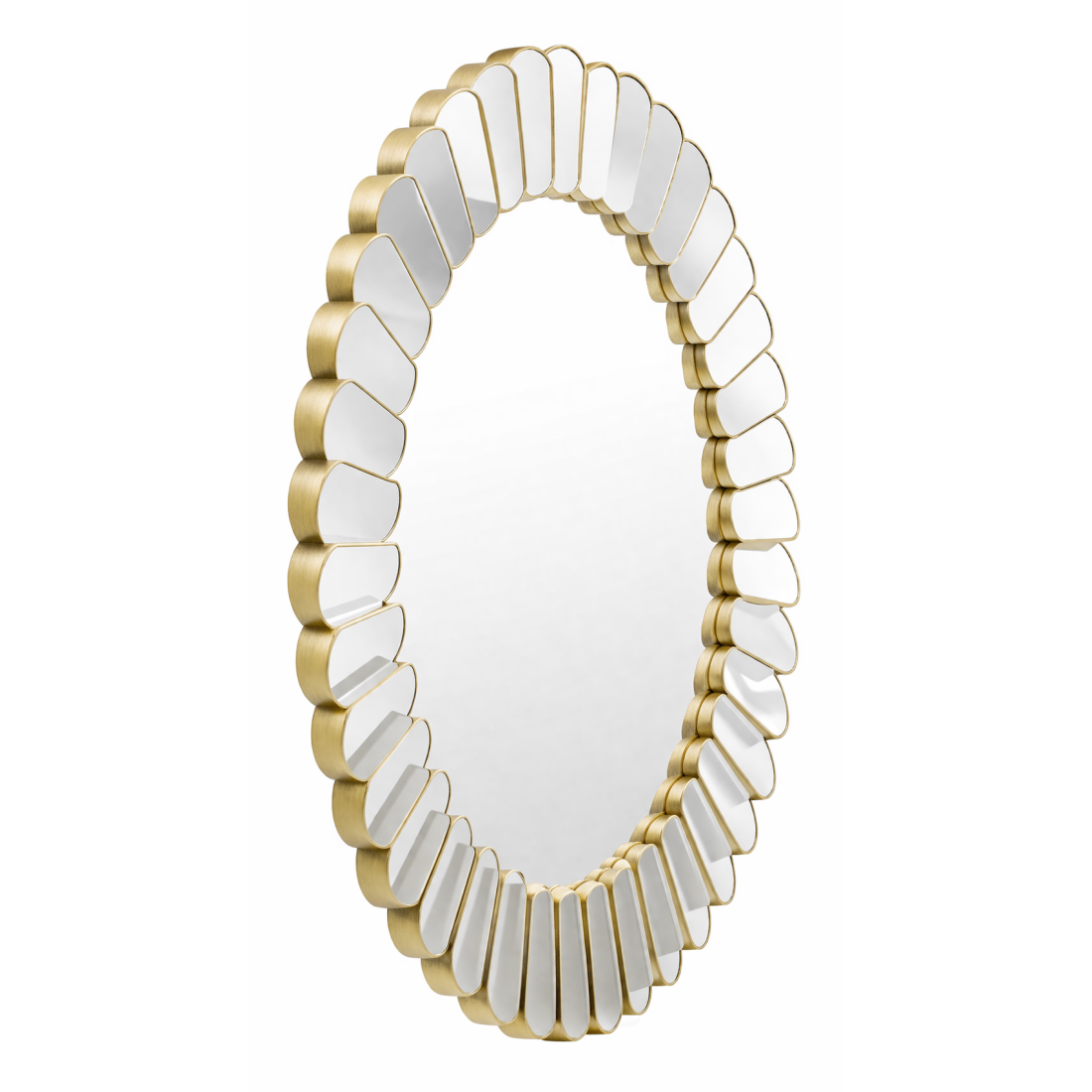 Oglinda decorativa rotunda, 60 x 60 cm, cu rama aurie, design modern, elemente alungite dispuse radial