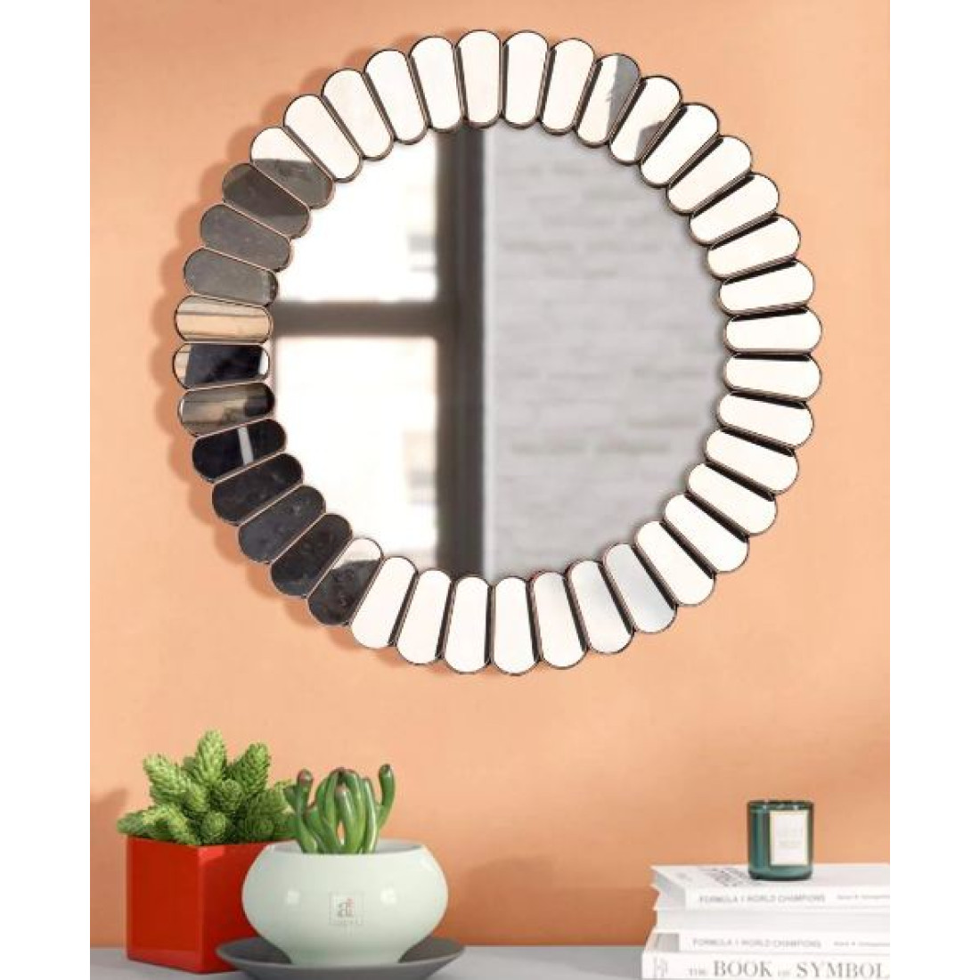 Oglinda decorativa rotunda, 60 x 60 cm, cu rama aurie, design modern, elemente alungite dispuse radial