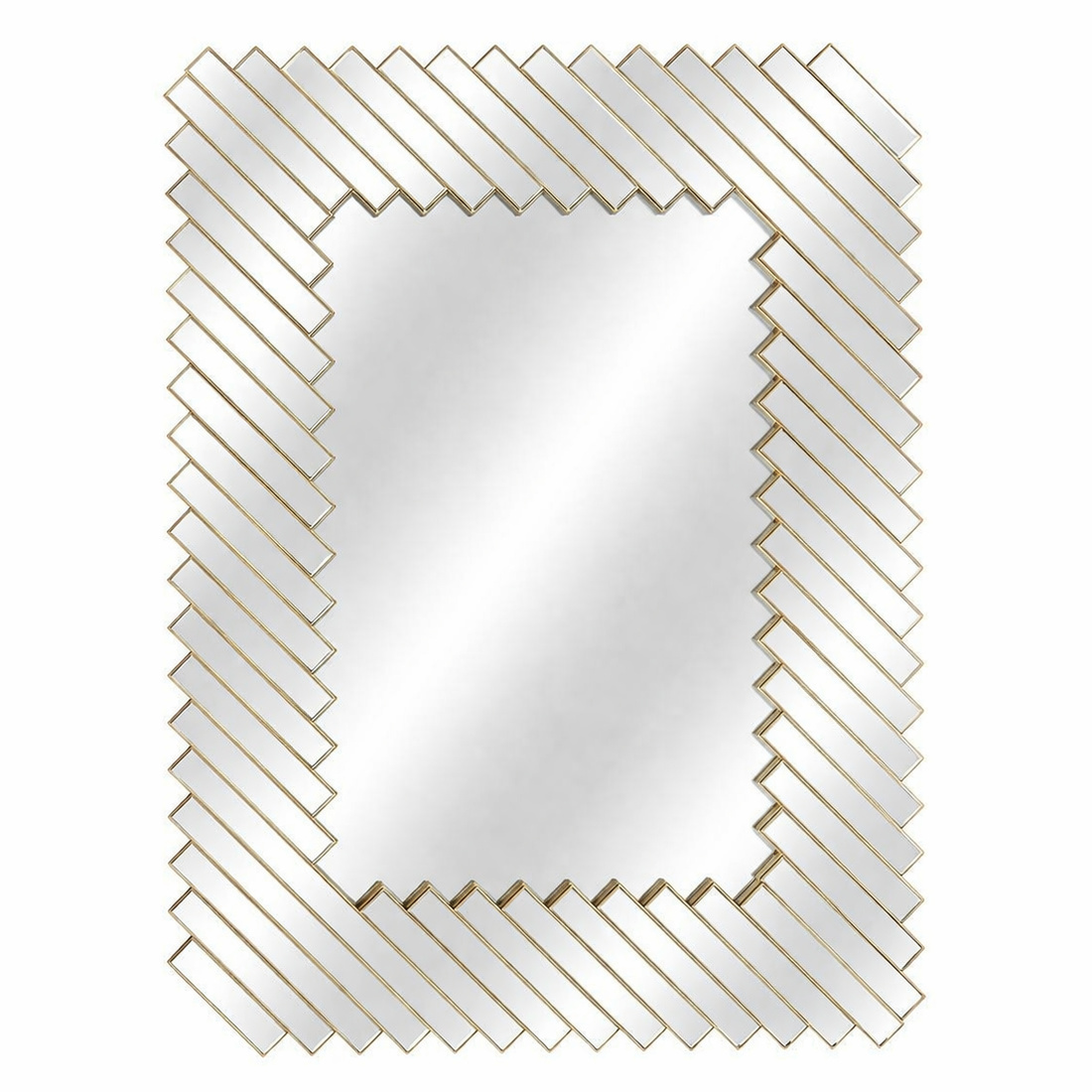 Oglinda decorativa perete cu rama geometrica aurie, 74x55 cm, design modern elegant cu elemente geometrice dispuse diagonal