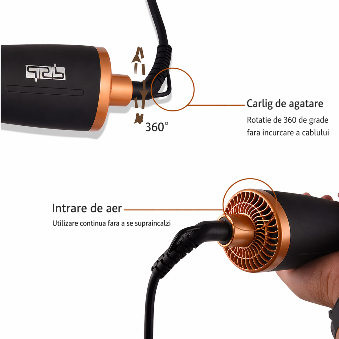 Perie electrica de par rotativa, DSP Profesional, 900W, 2 perii capete rotative, uscare 360° si stilizare, 2 viteze, 2 setari de temperatura, potrivita pentru orice lungime si tip de par, cablu de 1.8 m